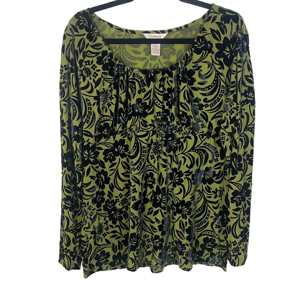 Sundance Floral Velvet Burnout Shirred Bust Top Blouse XL Green Goth Fairy